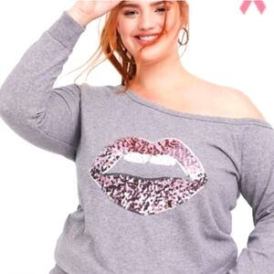 Torrid pink sequined lips off shoulder sweatshirt Size 5x